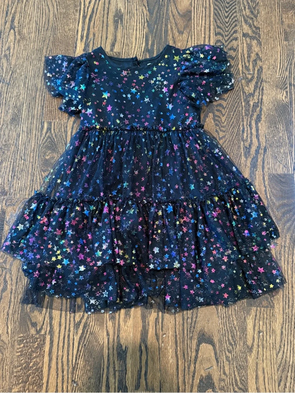 Lola + The Boys Black Tulle Tiered Dress with Multicolor Star Print